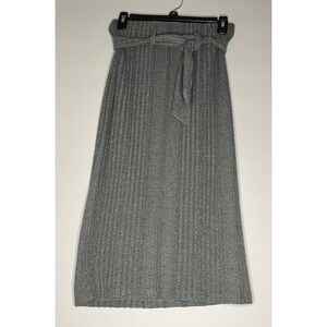Lily Rose Ribbed Knit Midi Skirt Paper Bag Waist Tie Belt Gray S